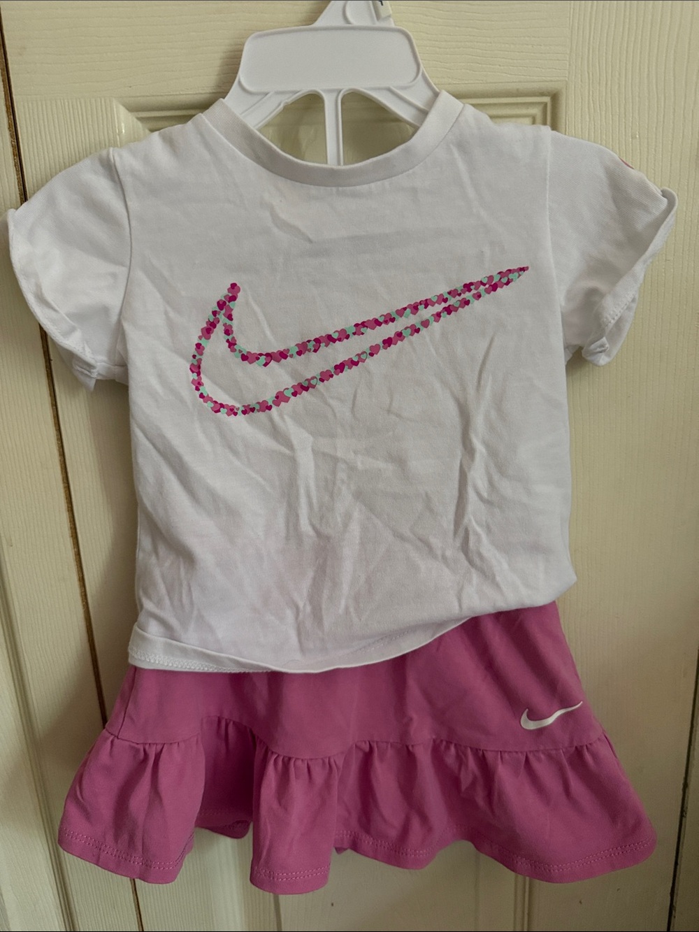 Nike White Tee with Pink Floral Swoosh and Pink Skort